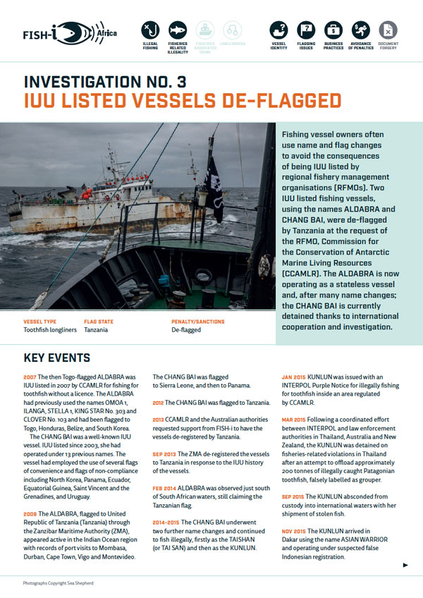 Front cover for Fish-i investigation 03: FISH-i Africa country de-flags IUU listed fishing vessels