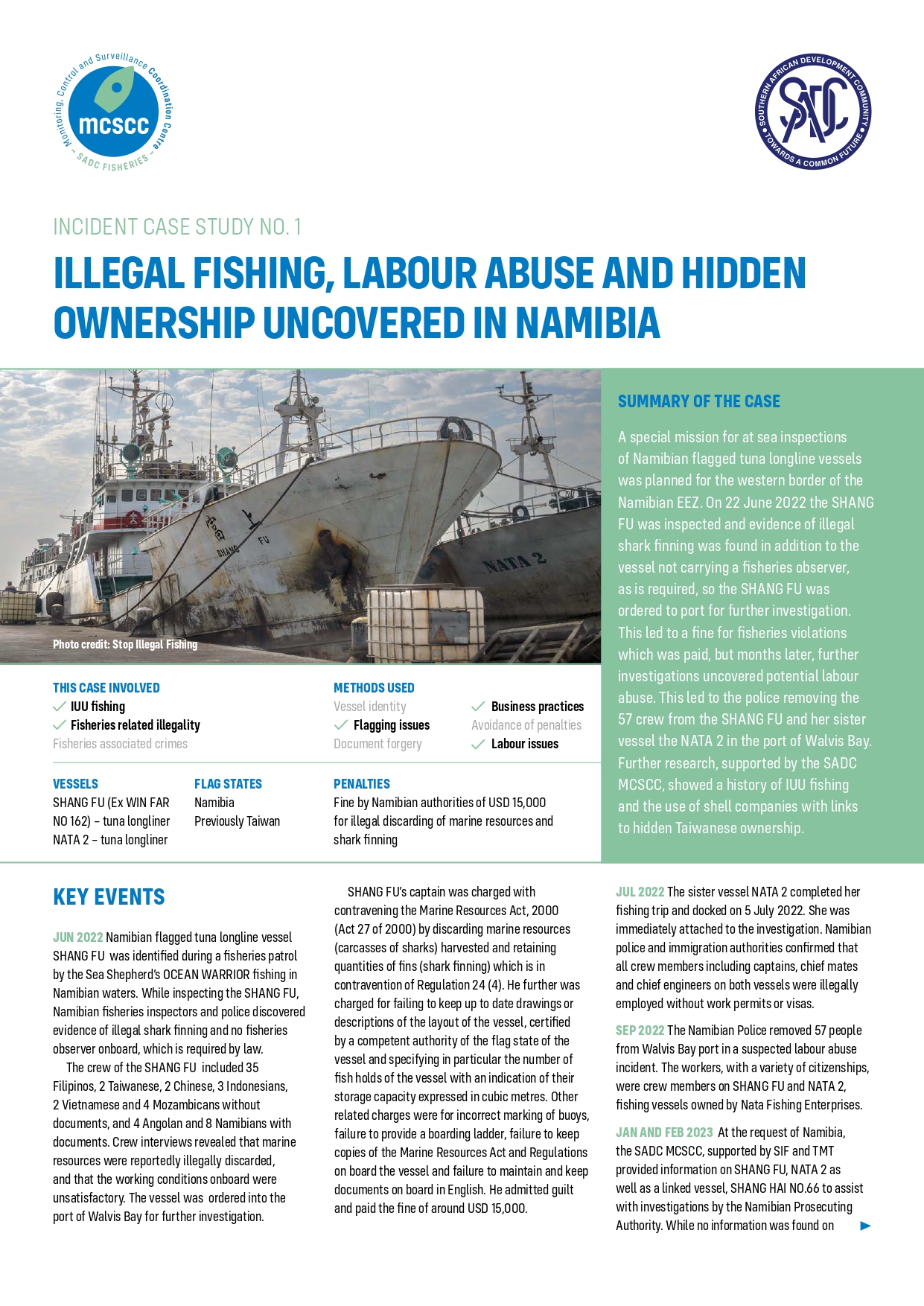 Front cover for SADC MCSCC investigation 01: Illegal fishing, labour abuse and hidden ownership uncovered in Namibia