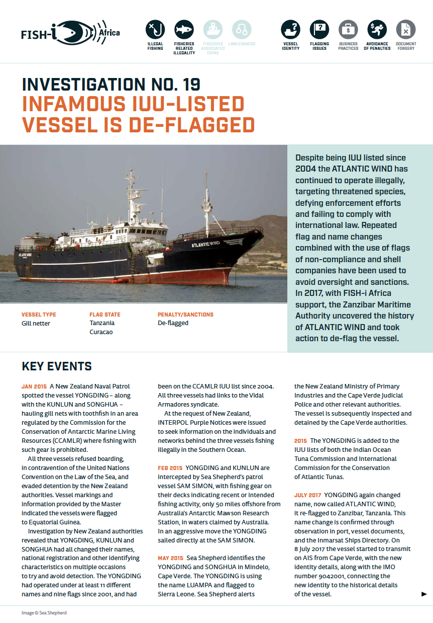 Front cover for Fish-i investigation 19: Infamous IUU-listed vessel is de-flagged