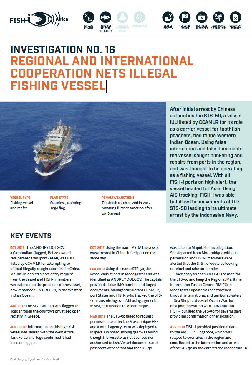 Front cover for Fish-i investigation 16: Regional and international cooperation nets illegal fishing vessel